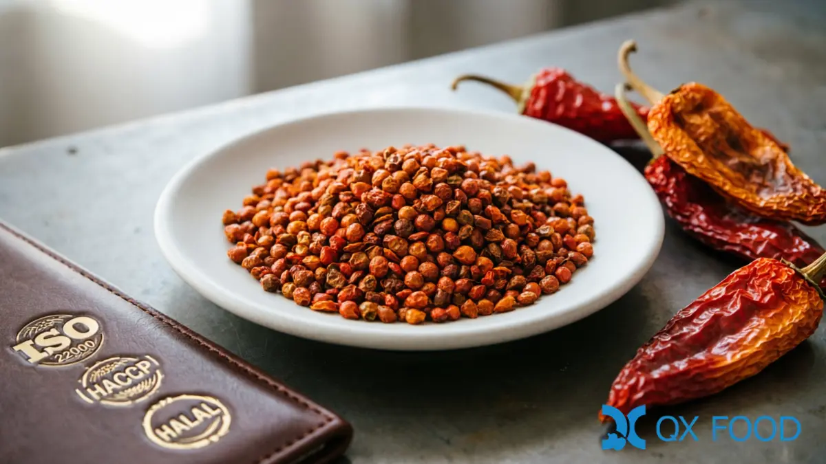 Paprika PP-C13 ; Natural Sun-Dried Sweet Pepper, Granular for Food Manufacturing | QXFOOD 5 Quality documentation folder and ISO HACCP HALAL certificate seals beside paprika sample in white ceramic dish on dark industrial desk with dried peppers scattered