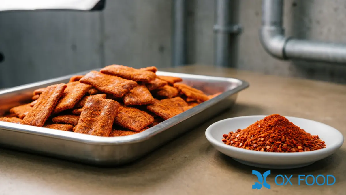 Paprika PP-C13 ; Natural Sun-Dried Sweet Pepper, Granular for Food Manufacturing | QXFOOD 4 Savory snack chips with visible red-orange paprika seasoning coating on stainless steel tray beside paprika sample dish on dark surface