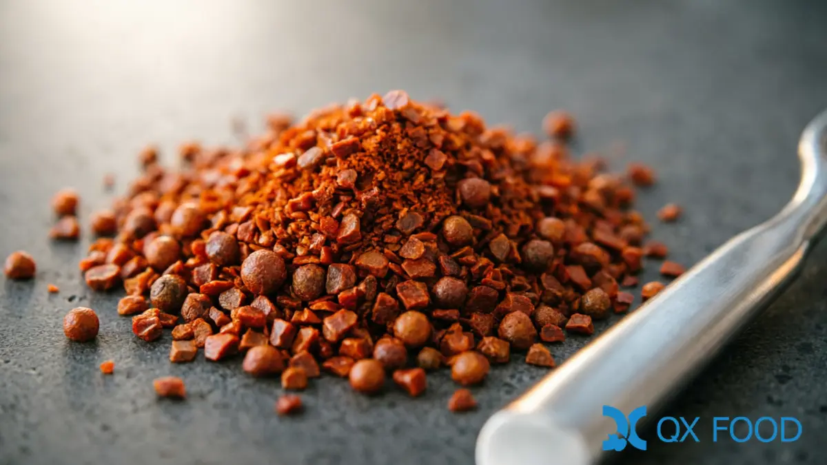Paprika PP-C13 ; Natural Sun-Dried Sweet Pepper, Granular for Food Manufacturing | QXFOOD 2 Macro close-up of paprika granular texture showing deep red-orange color with natural particle variation on dark surface with laboratory spatula