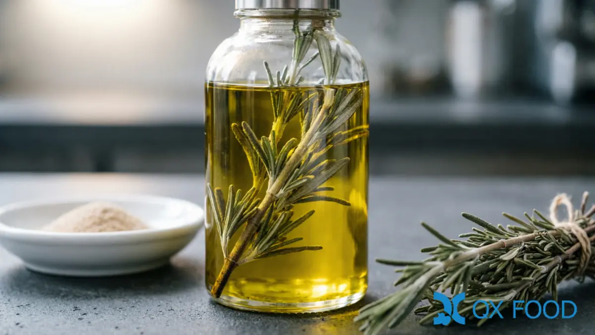 Rosemary sprigs infusing in olive oil in glass bottle with dried rosemary sprigs and sample dish on dark surface