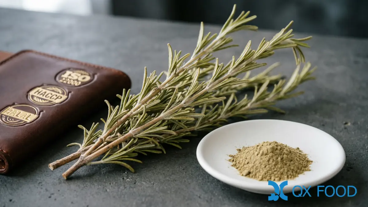 Quality documentation folder and ISO HACCP HALAL certificate seals beside dried rosemary sprigs bundle on dark industrial desk