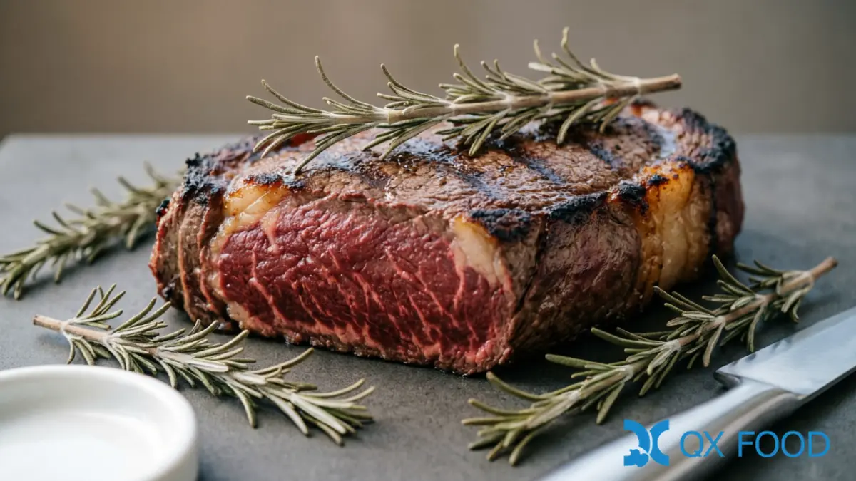 Grilled steak with dried rosemary sprigs on top for presentation on dark surface with rosemary sprigs scattered