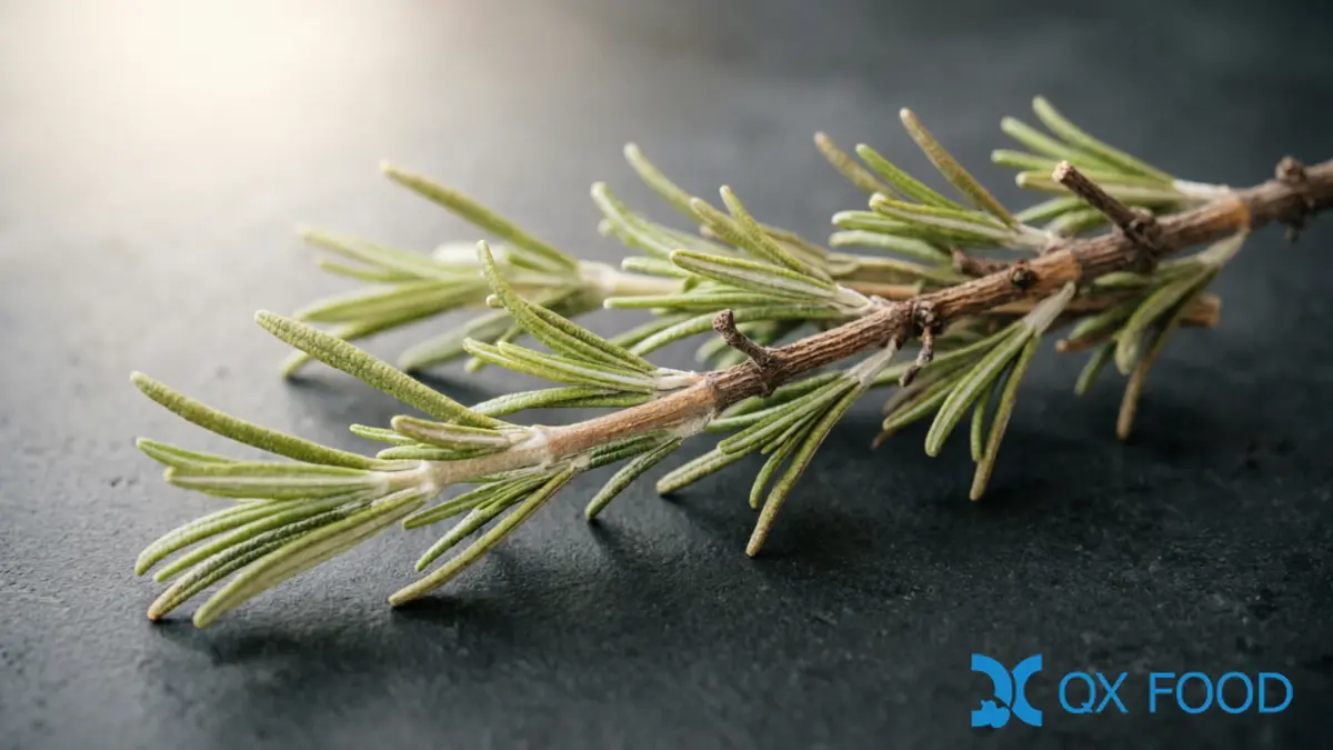 Macro close-up of dried rosemary sprigs showing needle-like leaves and woody stems with light green color on dark surface