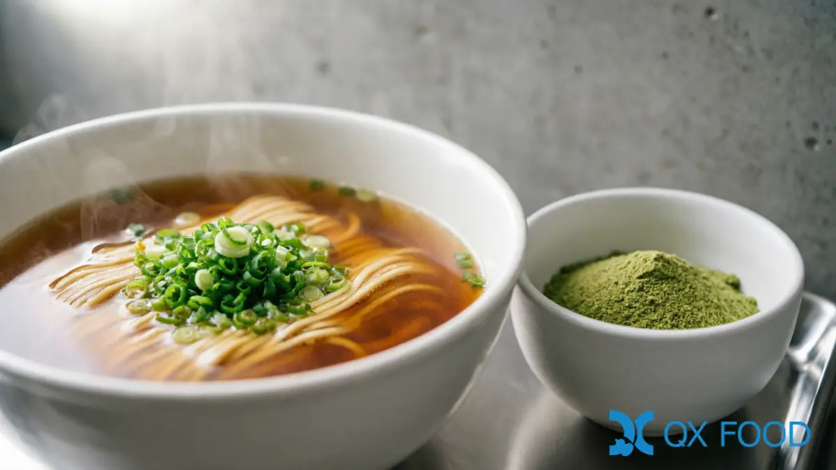 Bowl of noodle soup with visible scallion seasoning on surface beside scallion powder sample dish on dark surface
