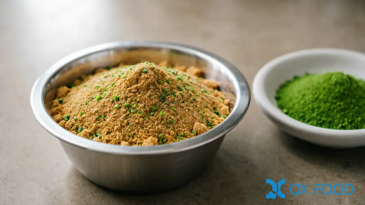 Mixed dry seasoning blend containing scallion powder in stainless steel bowl beside scallion powder sample dish on dark surface