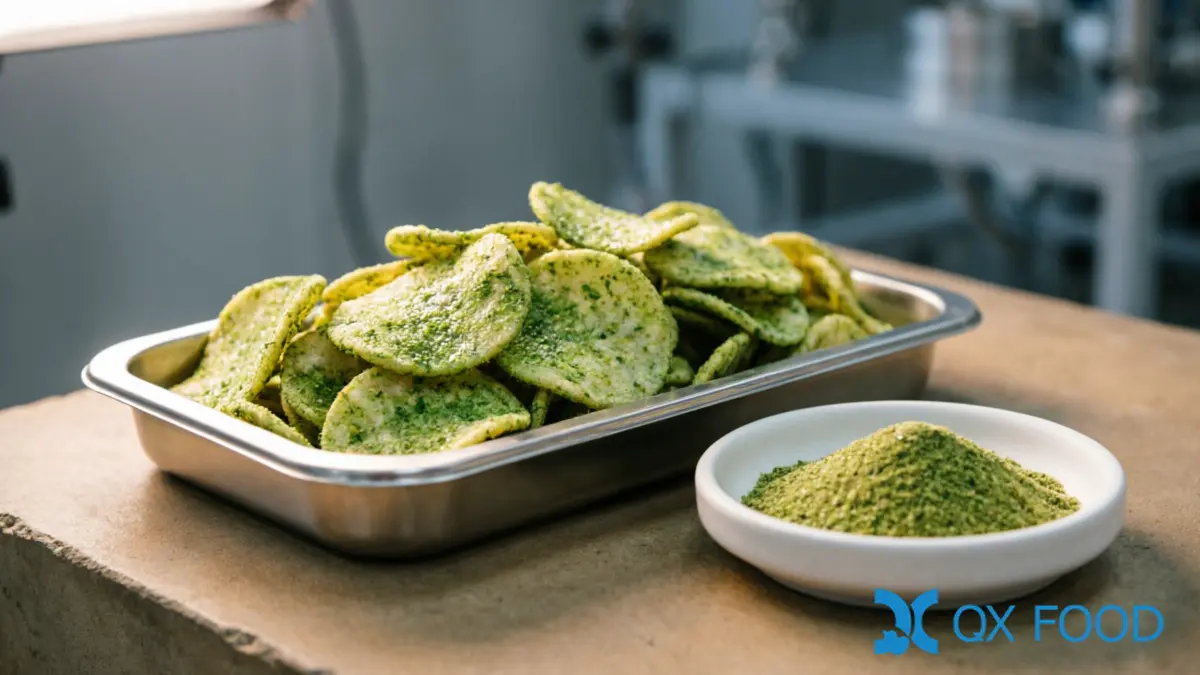 Savory green onion flavored snack chips with visible scallion seasoning on stainless steel tray beside scallion powder sample dish