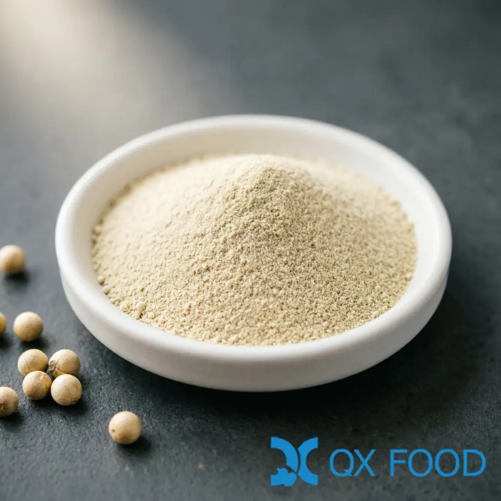 Pure White Pepper Powder WPP-K44 ; 100% Ground, Fine Grind for Food Manufacturing | QXFOOD 1 Pure white pepper powder WPP-K44 off-white pale cream fine powder in white ceramic sample dish on dark surface with whole white peppercorns scattered nearby