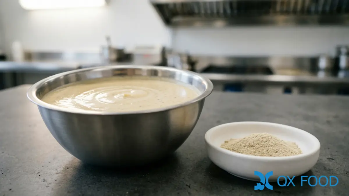 Pure White Pepper Powder WPP-K44 ; 100% Ground, Fine Grind for Food Manufacturing | QXFOOD 3 Cream-colored soup or white sauce in stainless steel bowl with pure white pepper powder seasoning sample in white ceramic dish beside it on dark industrial surface