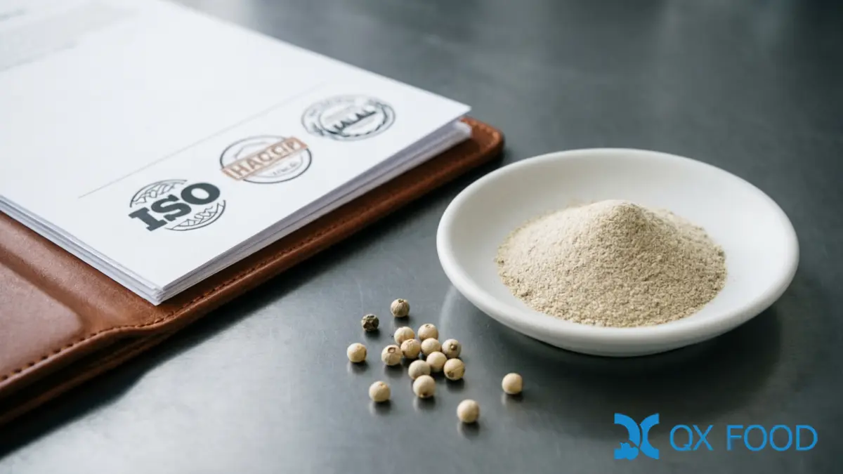 Pure White Pepper Powder WPP-K44 ; 100% Ground, Fine Grind for Food Manufacturing | QXFOOD 5 Quality documentation folder and ISO HACCP HALAL certificate seals beside pure white pepper powder sample in white ceramic dish on dark industrial desk with whole white peppercorns scattered