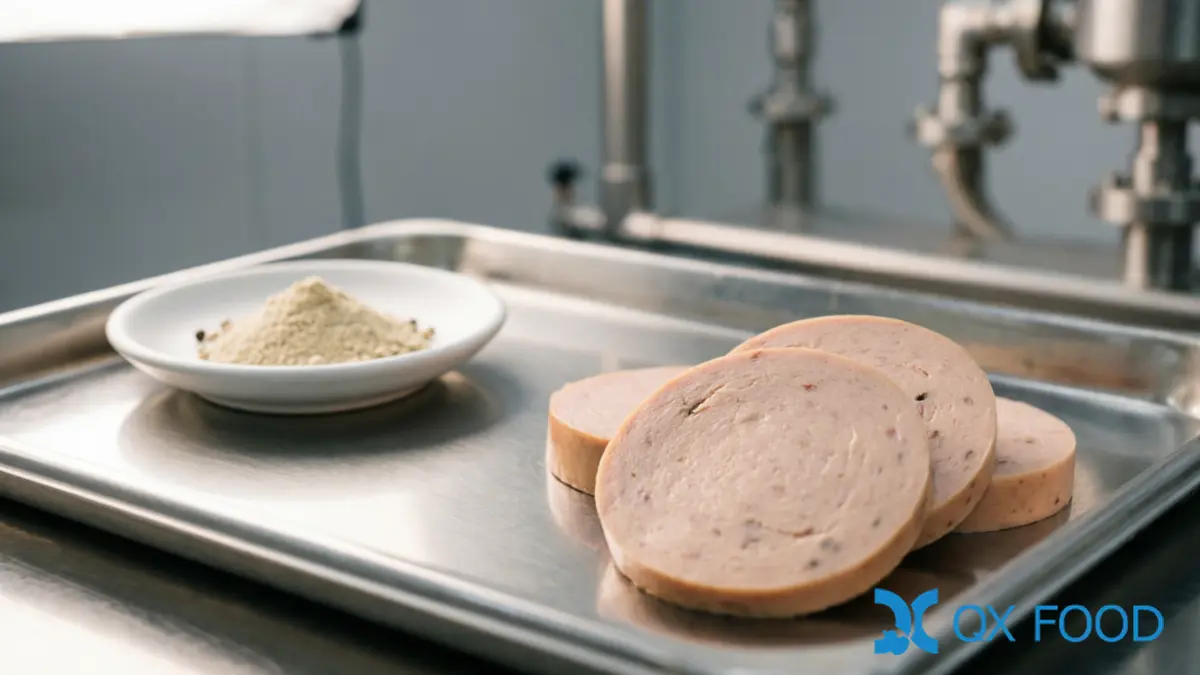 Pure White Pepper Powder WPP-K44 ; 100% Ground, Fine Grind for Food Manufacturing | QXFOOD 4 Light-colored emulsified sausage or frankfurter cross-sections on stainless steel tray showing uniform pale appearance without dark pepper specks beside white pepper powder sample dish