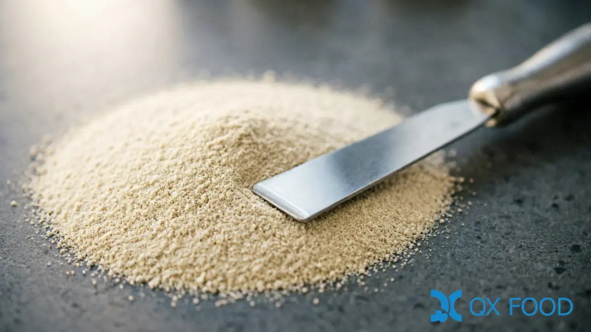 Pure White Pepper Powder WPP-K44 ; 100% Ground, Fine Grind for Food Manufacturing | QXFOOD 2 Macro close-up of pure white pepper powder texture showing off-white pale cream color with fine uniform particles on dark surface with laboratory spatula at edge