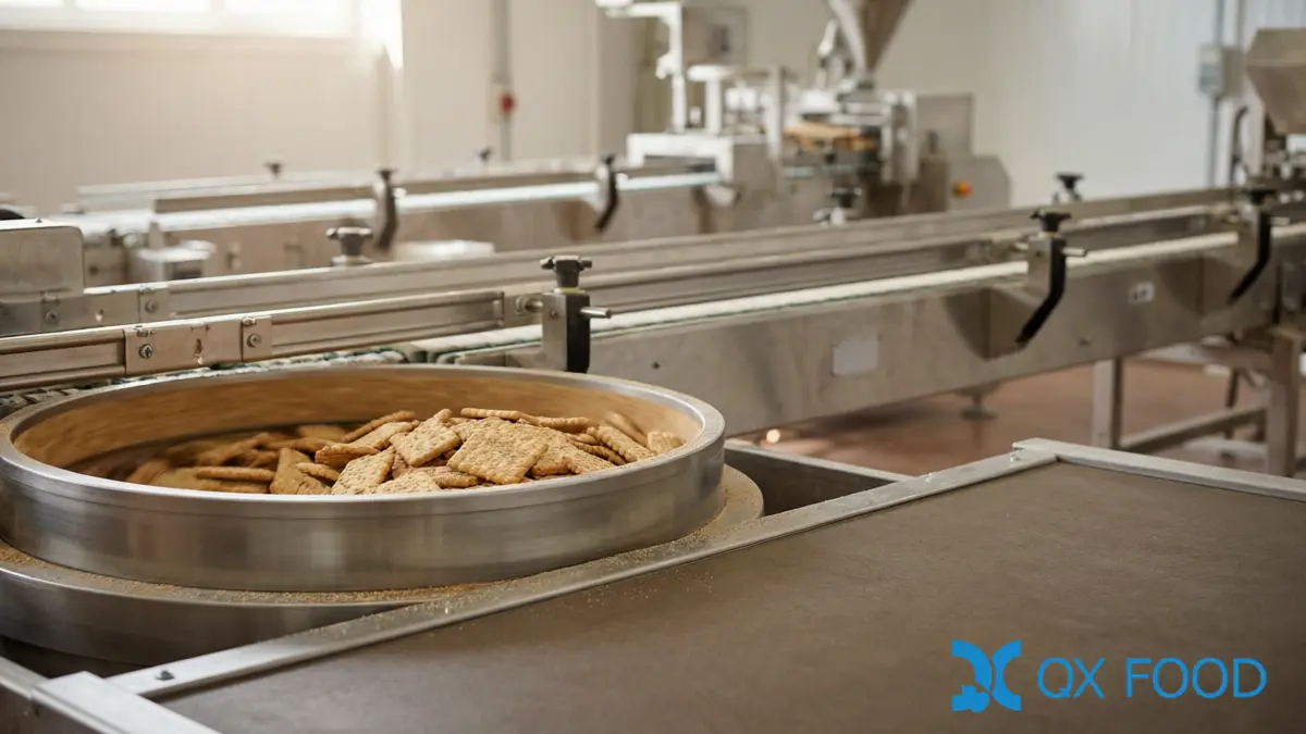 Post-Bake Seasoning Application - Coating Drum with Baked Crackers and Seasoning Powder