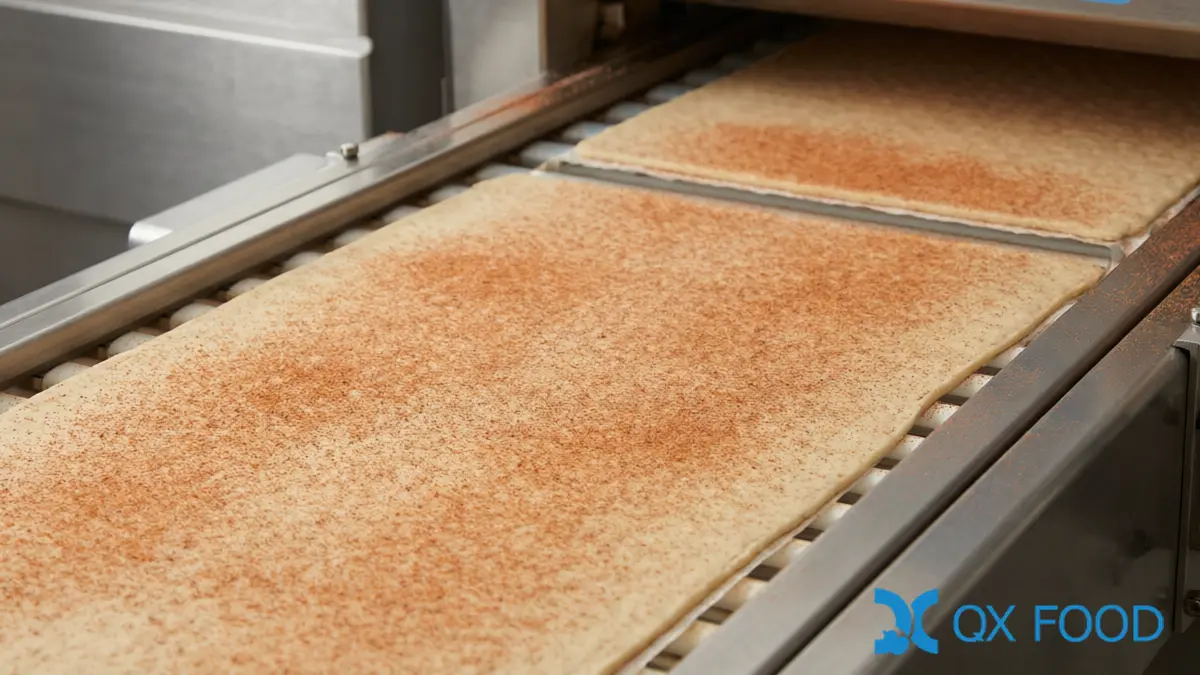 Pre-Bake Seasoning - Powder Dusted onto Cracker Sheets on a Bakery Conveyor