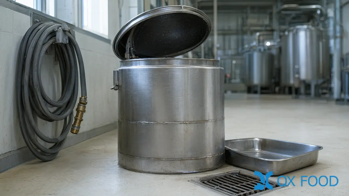 Halal Certified vs Halal Compliant: What Each Document Actually Proves 5 A washed empty stainless steel vessel with a coiled hose and an empty tray, showing segregation and cleaning controls