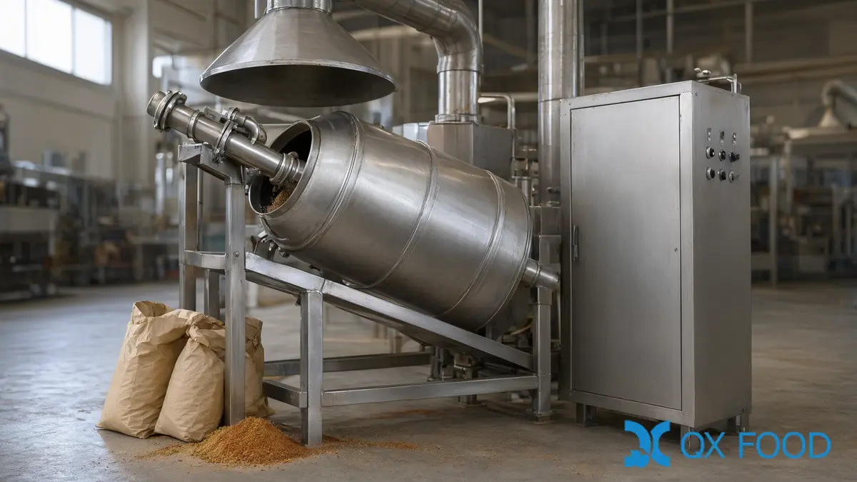 Halal Certified vs Halal Compliant: What Each Document Actually Proves 4 A clean stainless steel seasoning production area with an inclined drum and extraction ducting