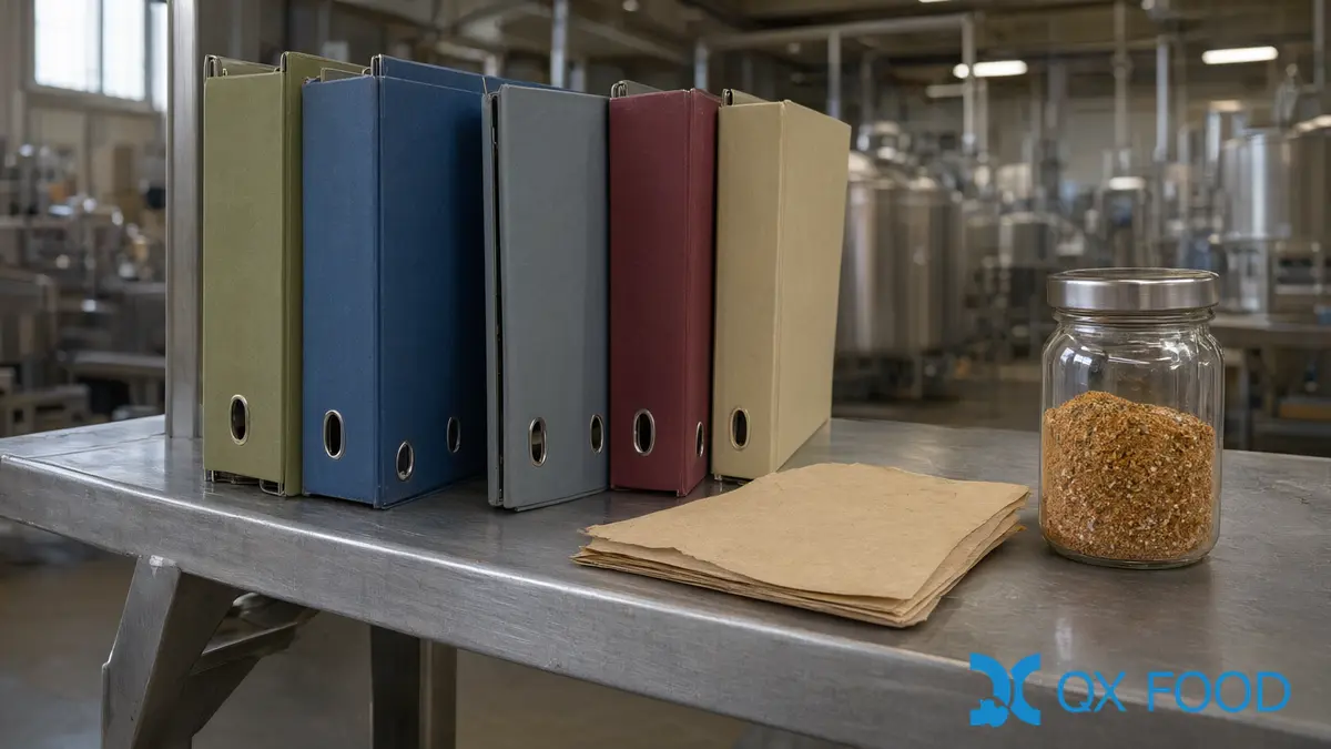 Halal Certified vs Halal Compliant: What Each Document Actually Proves 3 A steel shelf holding plain ring binders of different colours representing halal certified vs halal compliant record sets