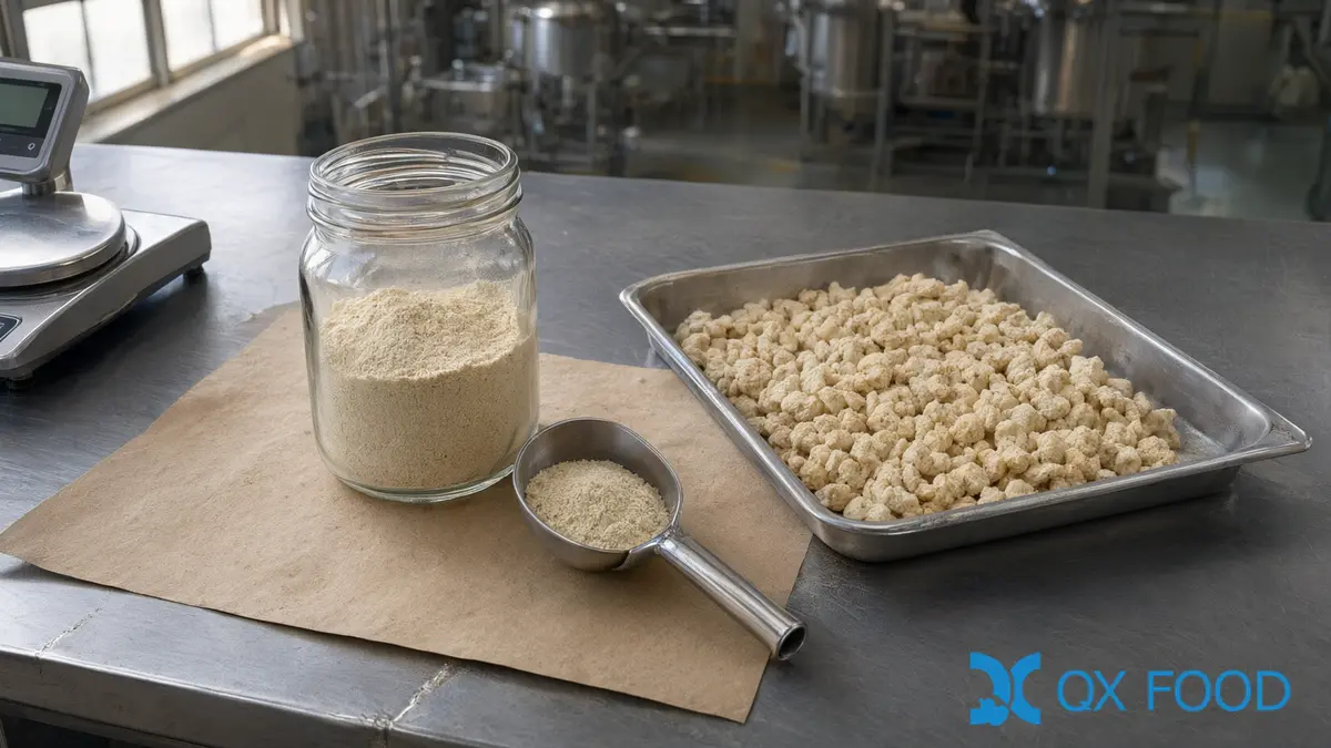 Halal Certified vs Halal Compliant: What Each Document Actually Proves 6 A stainless steel sample scoop and a jar of seasoning powder beside a tray of coated snack pieces during verification