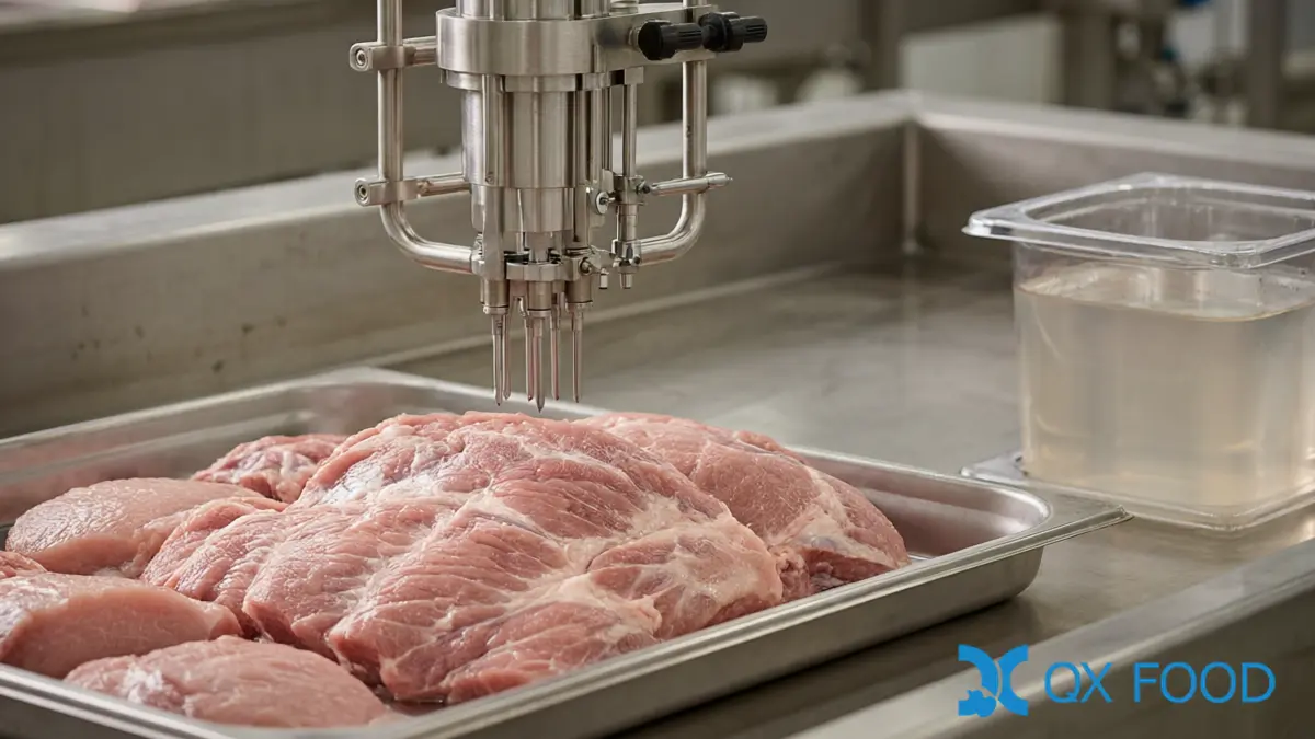 HVP in Processed Meat: Brine Compatibility, Emulsion Integration and Cook Validation 3 HVP Injection Brine - Multi-Needle Injector and Clear Brine in a Food-Grade Plant