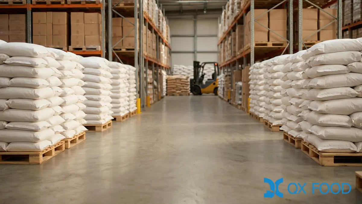 Hydrolyzed Vegetable Protein Market and Supply Outlook for Food Manufacturers 4 Hydrolyzed Vegetable Protein Supply - Paper Sacks of Ingredient Powder on Pallets in a Warehouse