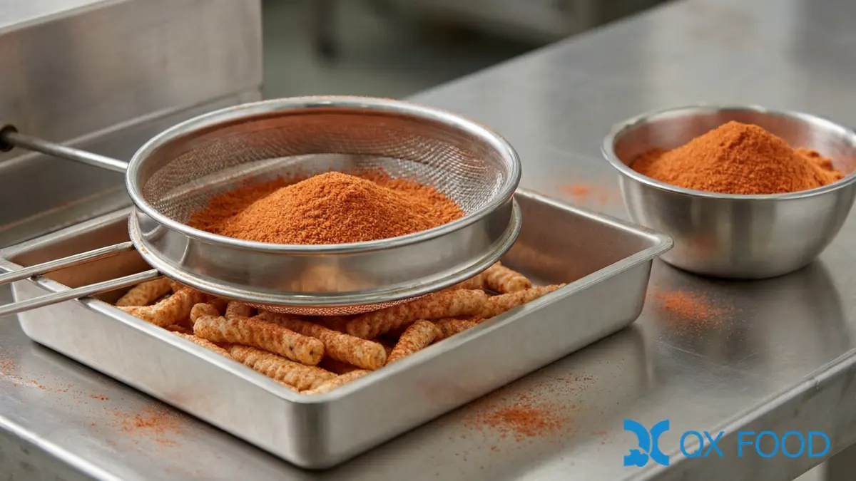 Bench trial sample for a scale up snack seasoning project, with a sieve of seasoning powder over a tray of coated snack pieces