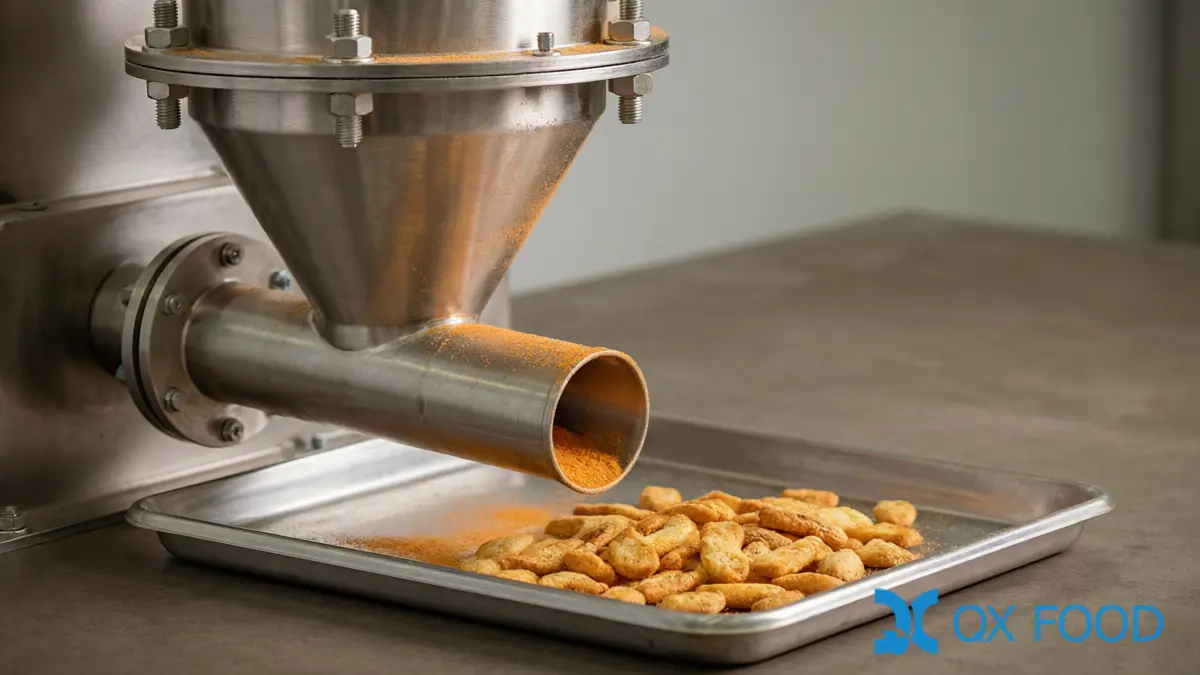 Stainless steel screw feeder with a conical hopper dosing seasoning powder onto snack pieces on a conveyor