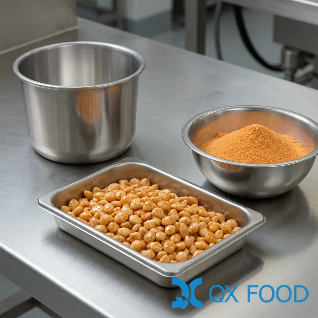 Scaling up snack seasoning - pilot bench with sample tray, seasoning powder and a small coating drum for food manufacturing