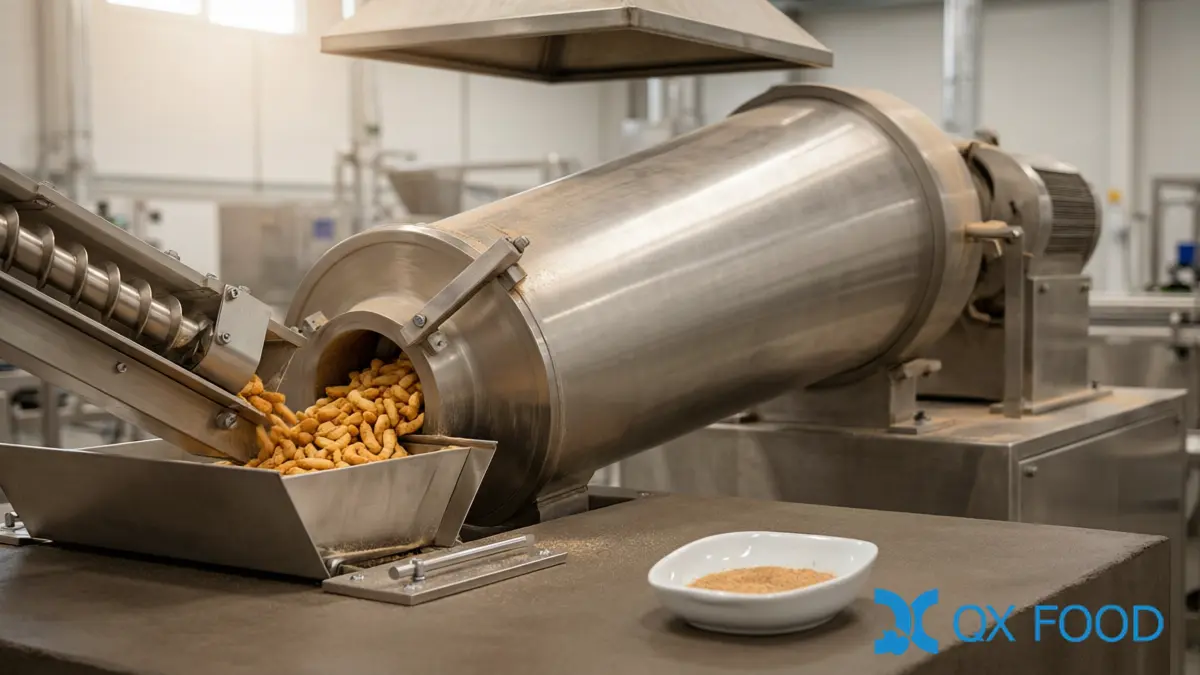 Continuous stainless steel seasoning drum on a snack production line coating pieces at production rates