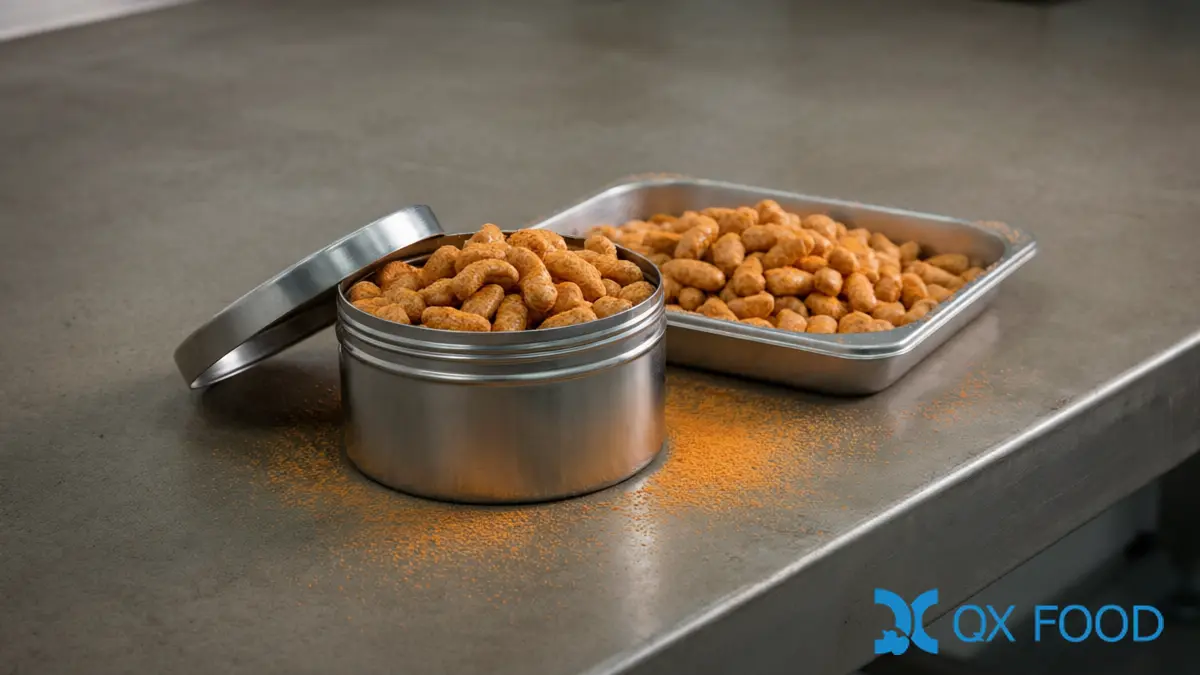 Open stainless steel sample container filled with coated snack pieces beside a tray of the same pieces on a QC bench