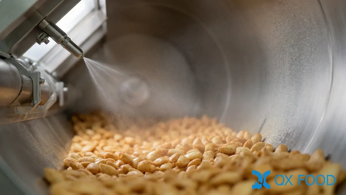 Carrier oil being applied to snack pieces inside a stainless steel seasoning drum before powder coating