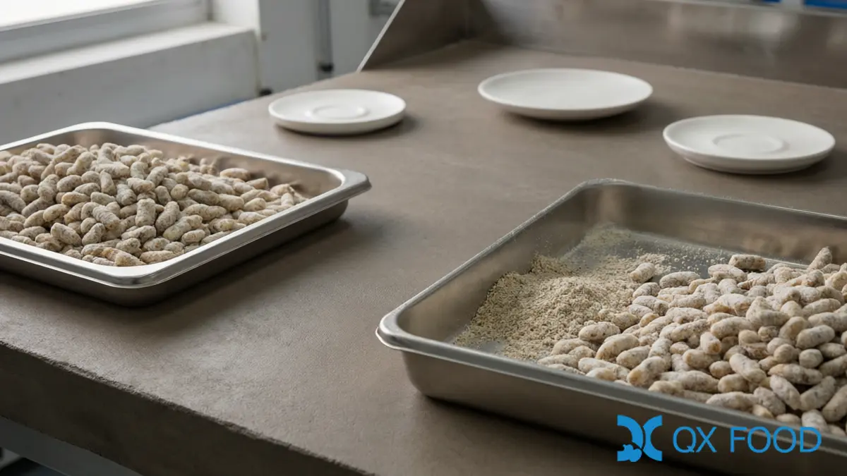 Two trays of snack pieces showing seasoning adhesion failure and loose powder settled on stainless steel