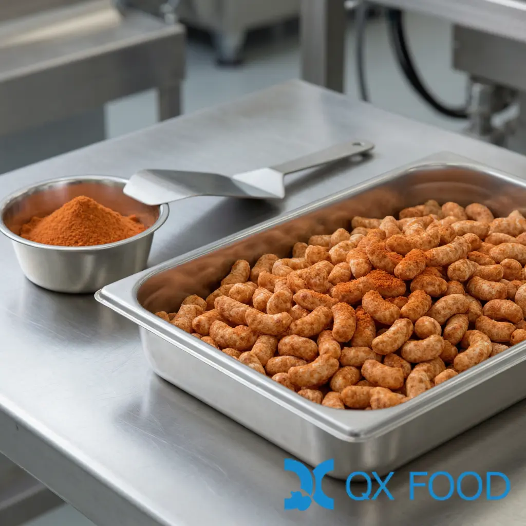 Seasoning Adhesion on Coated Snack Pieces with Seasoning Powder on a Stainless Tray for Food Manufacturing