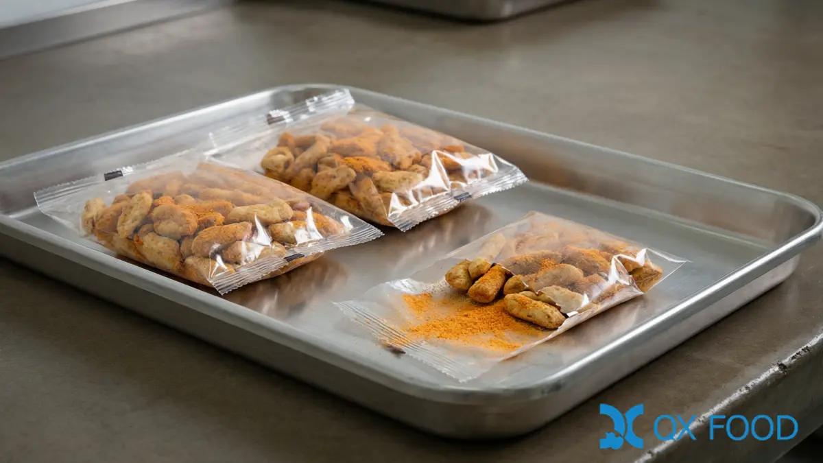 Sealed snack packs and an opened pack with seasoning powder settled at the bottom of the film on a quality-control bench