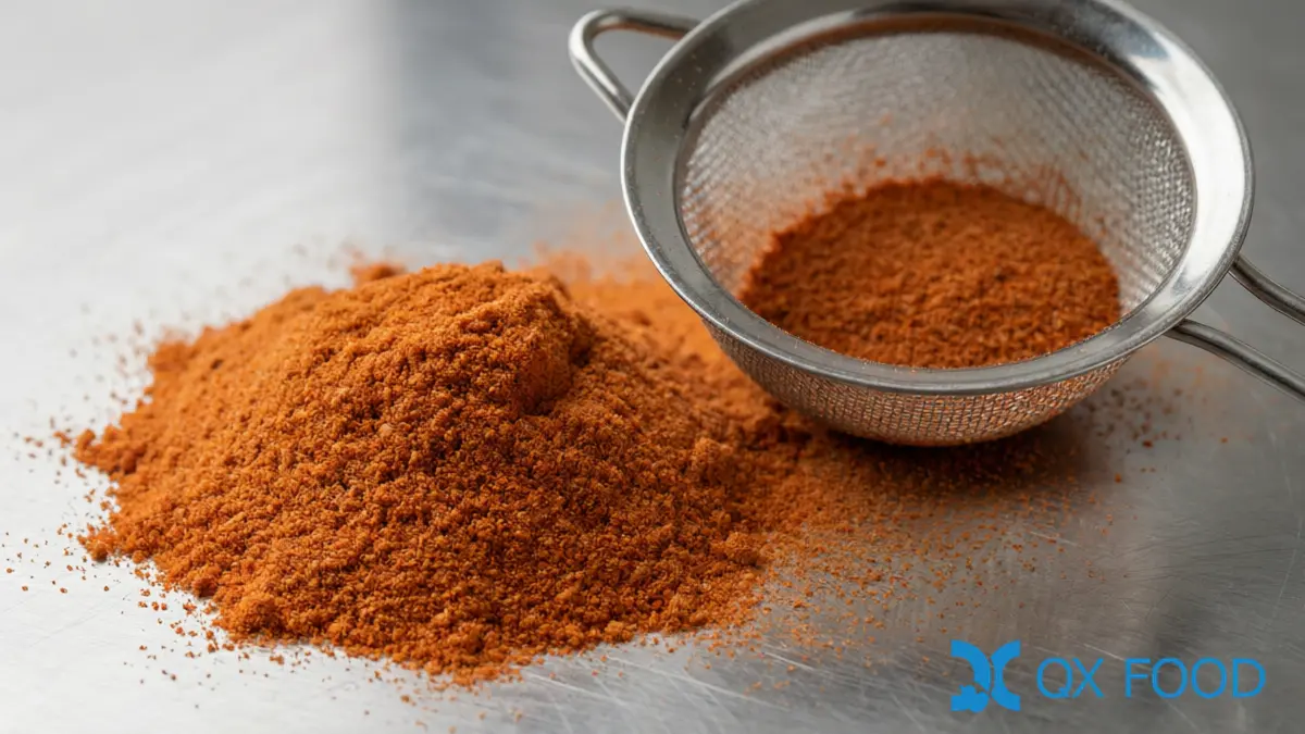 Close-up of seasoning powder particle size variation with fines screened on a stainless steel sieve