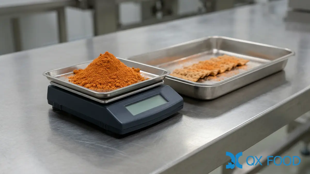 Weighing a dose of seasoning powder per unit of product on a balance beside coated snack pieces