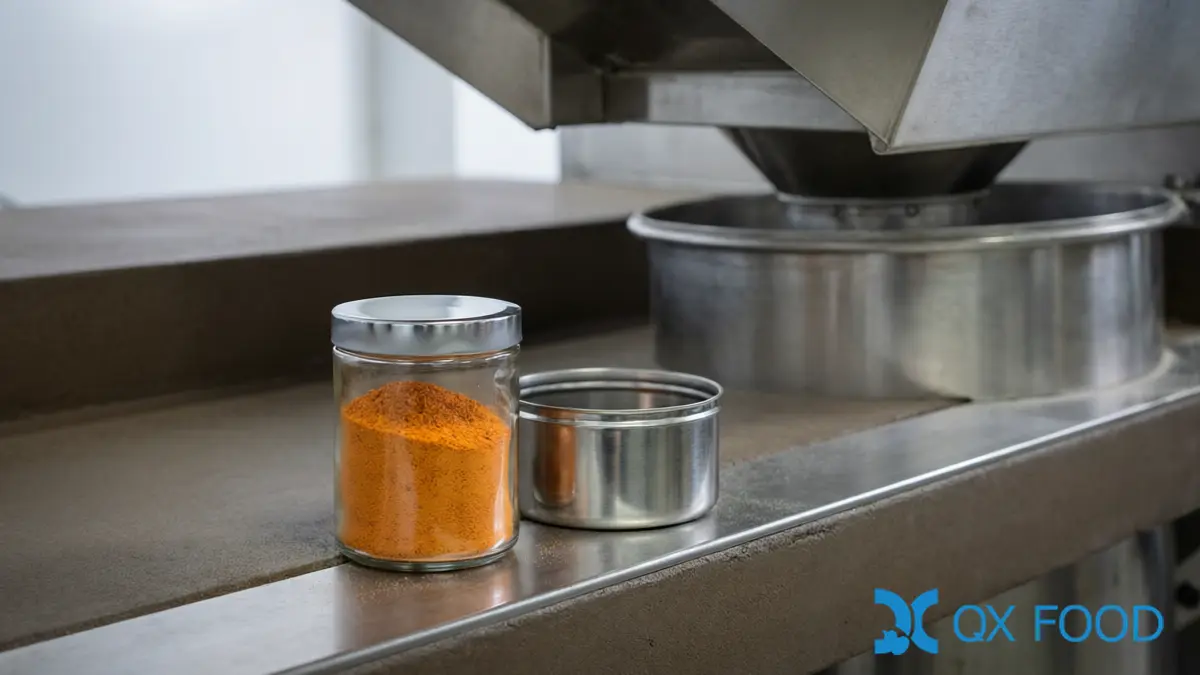 Clear sample jar of fine seasoning powder collected from an extraction point above a snack seasoning drum