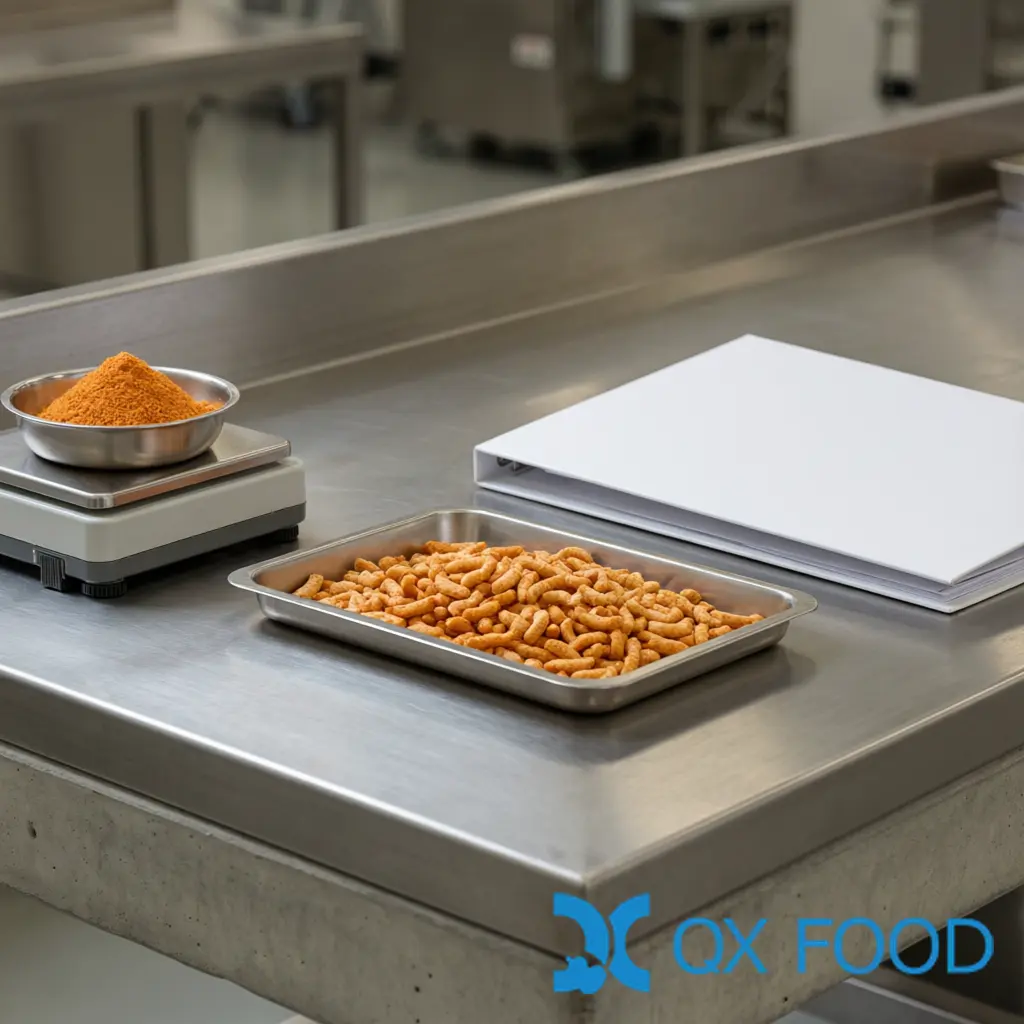 Seasoning cost per finished snack - QC bench with a small balance, a bowl of seasoning powder and coated snack pieces for food manufacturing