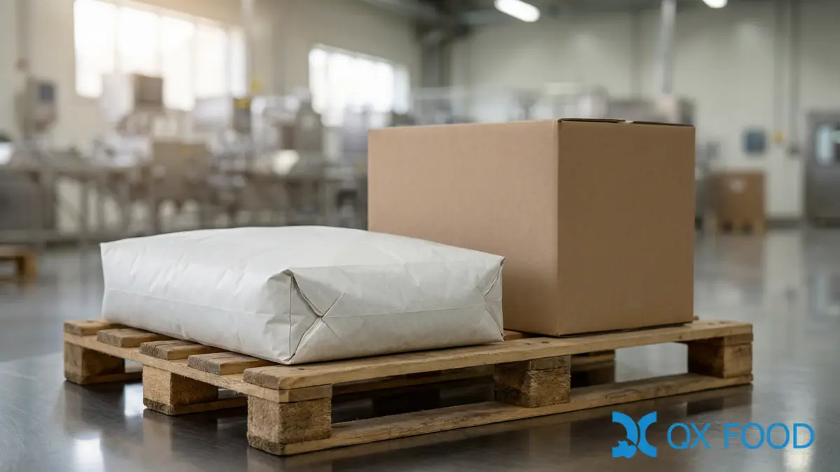 Sealed seasoning bags and a plain export carton on a pallet representing the landed cost of a seasoning order