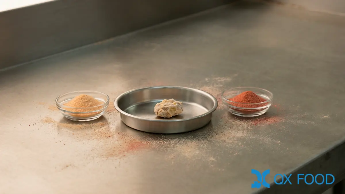 Two seasoning powder samples side by side in glass dishes with a coated snack piece between them for a seasoning cost comparison