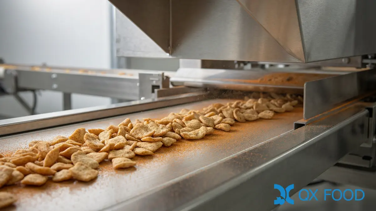Seasoned snack pieces on a vibratory conveyor with seasoning dust before the packaging line