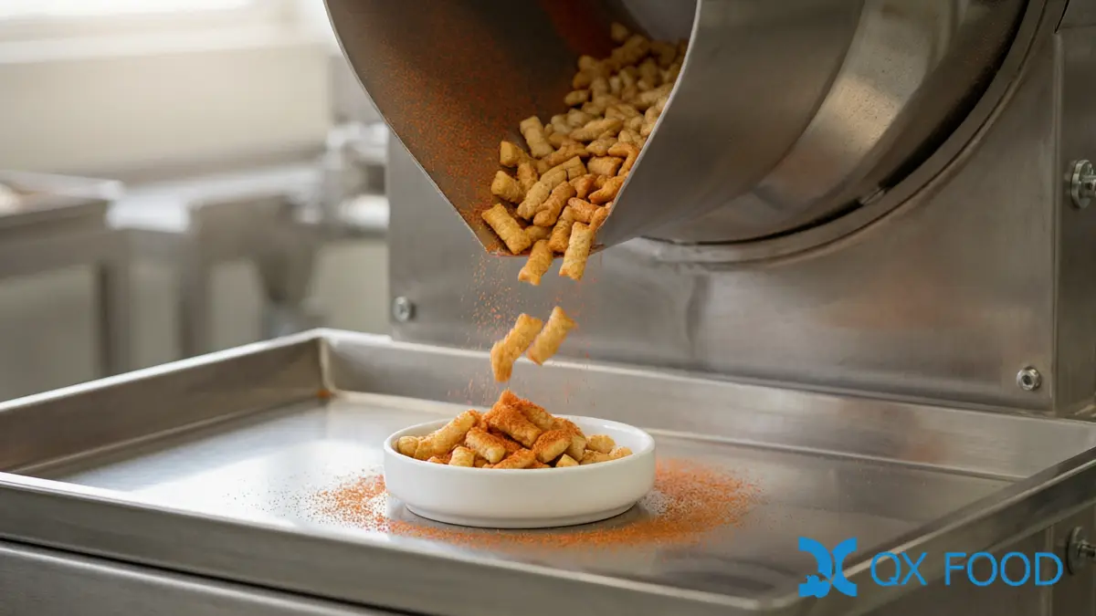 Seasoning powder dusting onto baked snack pieces at the discharge of a stainless steel seasoning drum