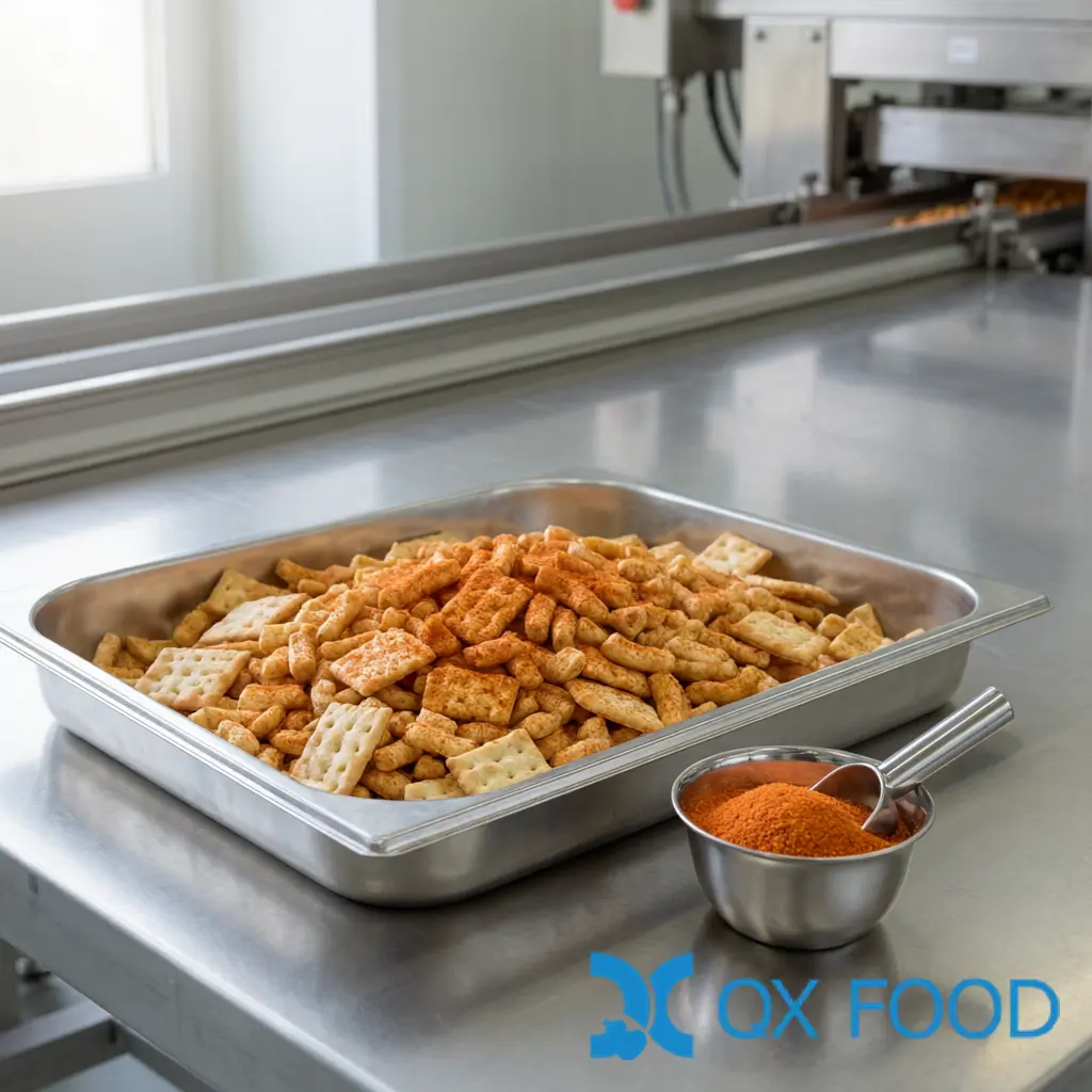 Seasoning Pickup and Retention on a Snack Line - Coated Snack Pieces, Sampling Tray and Seasoning Powder for Food Manufacturing