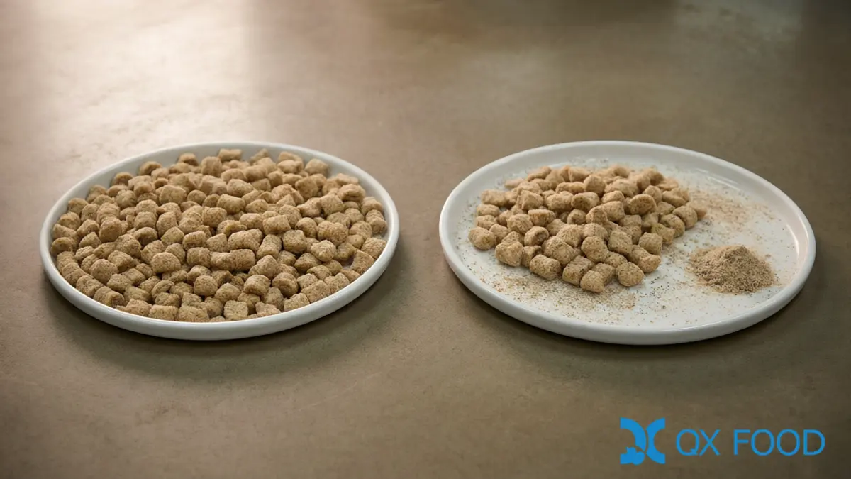 Two trays of snack pieces compared before and after a defined handling step to measure seasoning retention