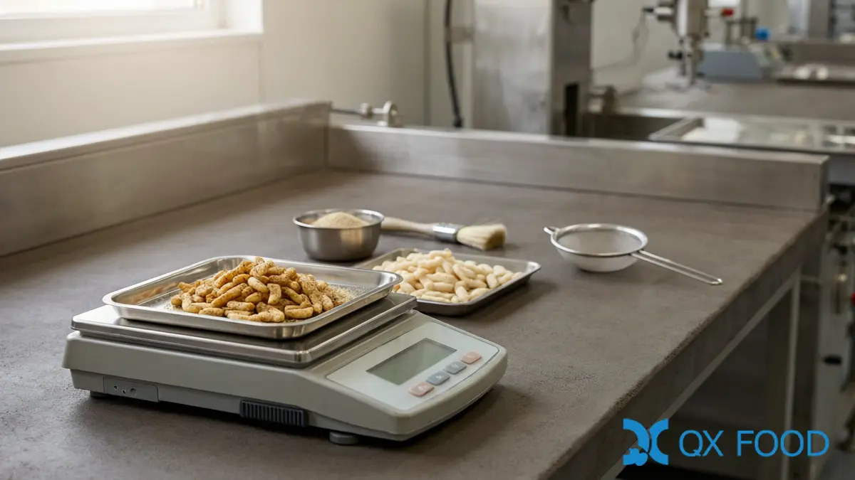 Measuring seasoning pickup and retention - snack samples being weighed on a precision balance beside a tray of seasoning powder