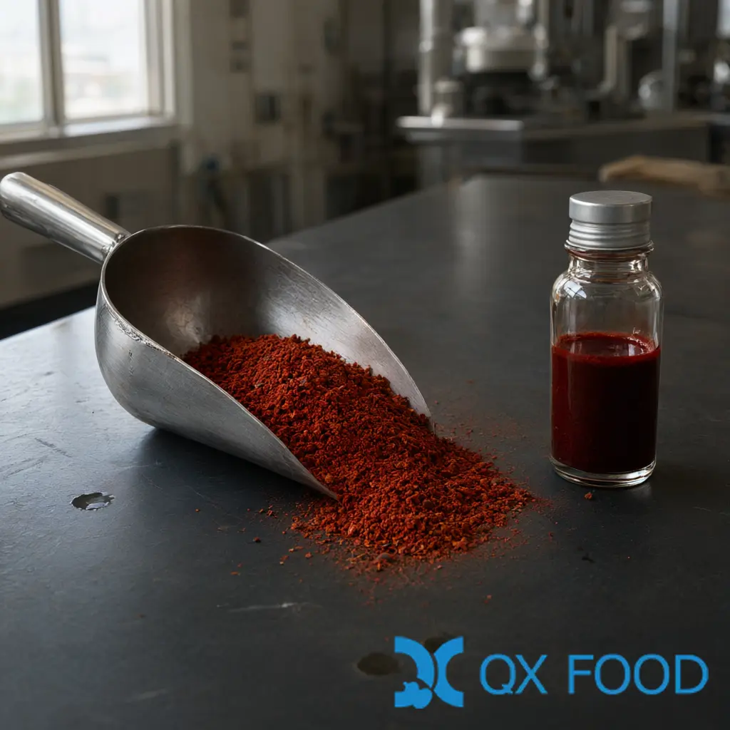 Capsaicin Content Specification: What to Write and How to Verify 2 A stainless steel scoop of red chili powder on a quality-control bench beside a glass vial of chili extract