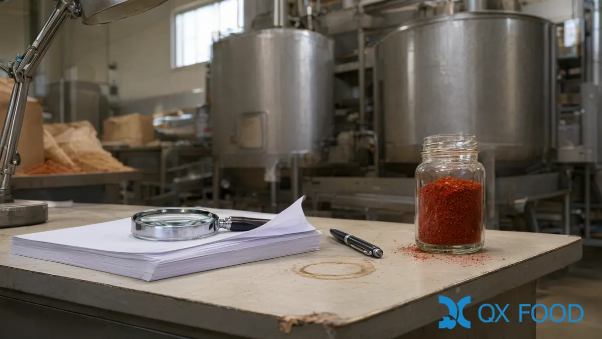 Capsaicin Content Specification: What to Write and How to Verify 6 A magnifier resting on batch records beside a glass jar of chili powder on a quality-control desk