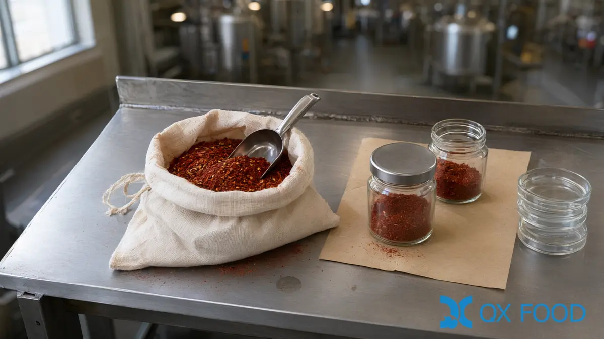 Capsaicin Content Specification: What to Write and How to Verify 4 An open spice sample bag with a scoop and glass sample jars for chili lot verification