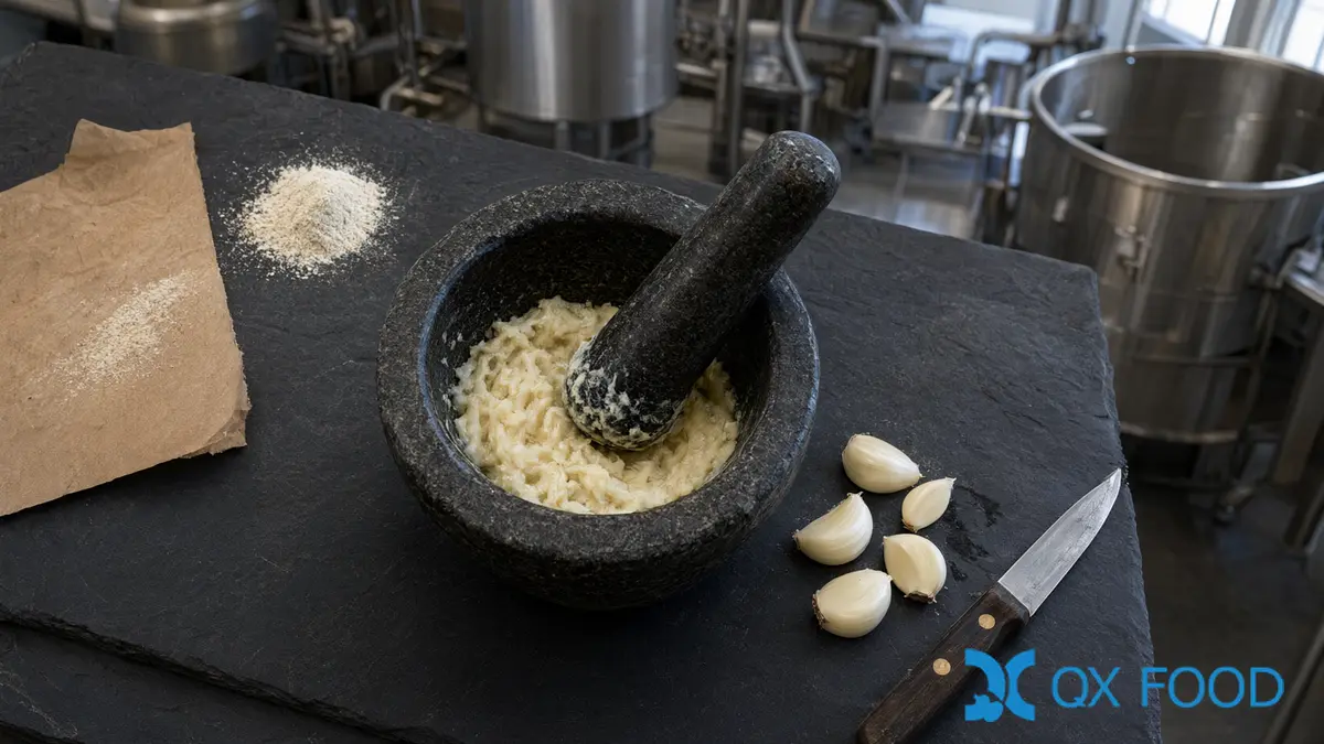 Why Garlic Powder Tastes Different After Processing 3 Freshly crushed garlic paste on a wooden board with a knife