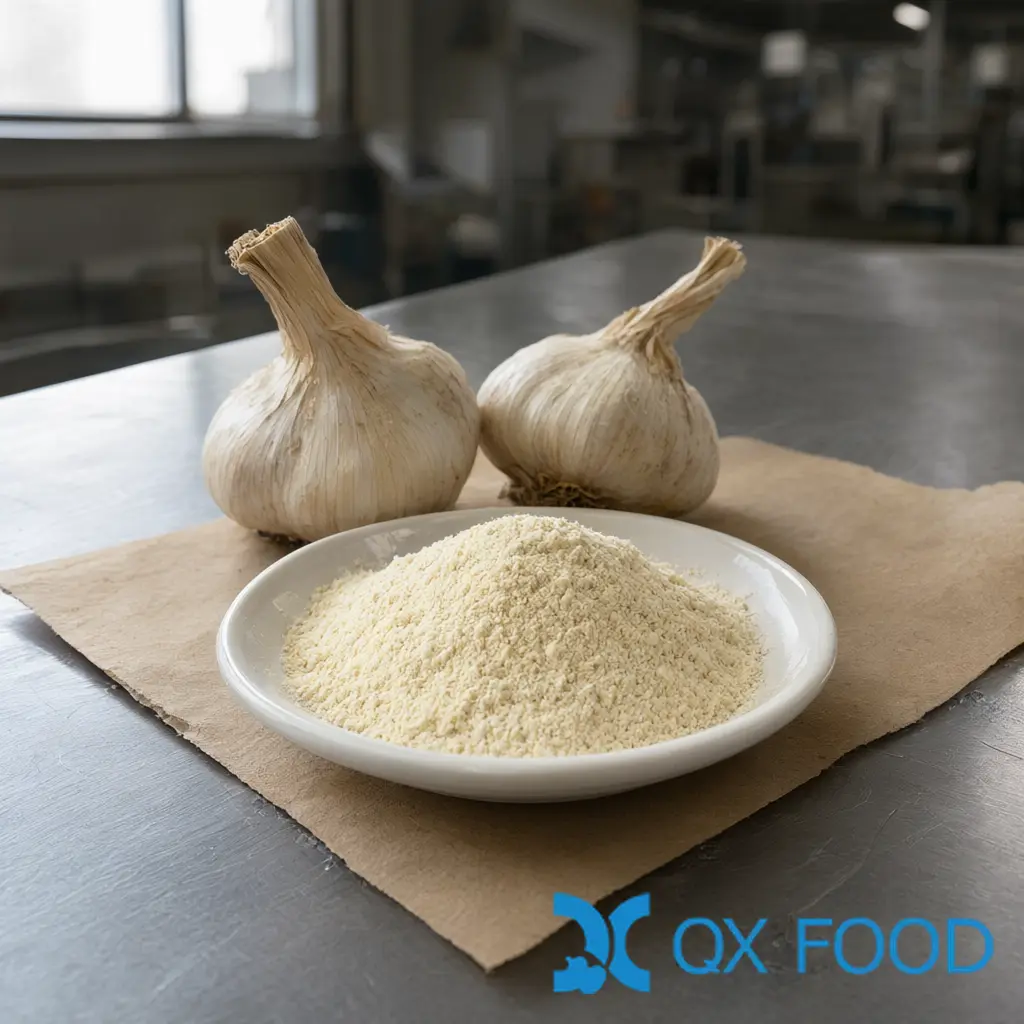 Whole garlic bulbs and a dish of garlic powder on a stainless bench