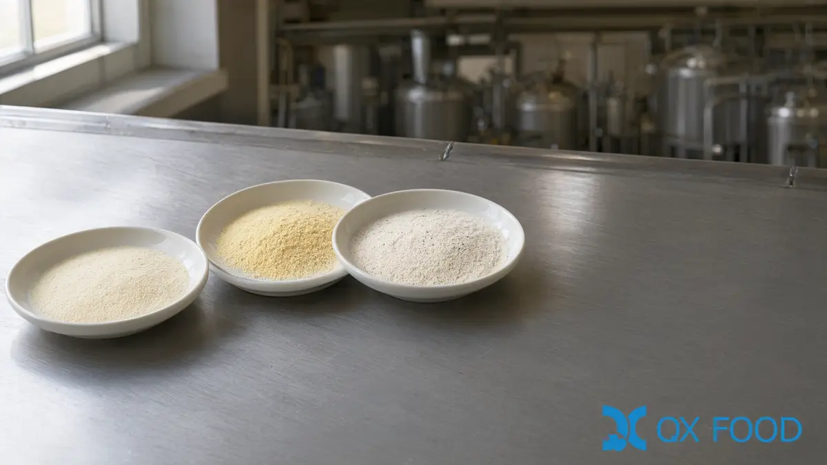 Garlic Powder Sensory Evaluation: Comparing Samples in the Finished Food 3 Three garlic powder samples of different tone and texture in shallow white dishes