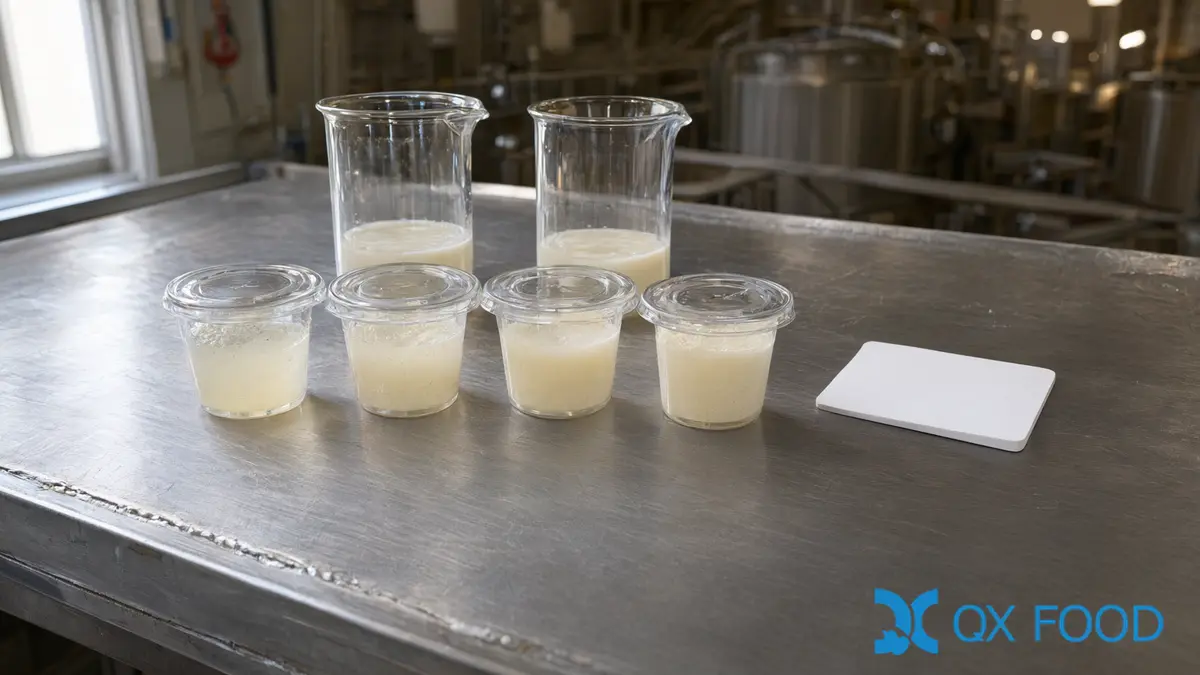 Garlic Powder Sensory Evaluation: Comparing Samples in the Finished Food 4 Garlic powder sensory evaluation samples in lidded cups beside dilution beakers